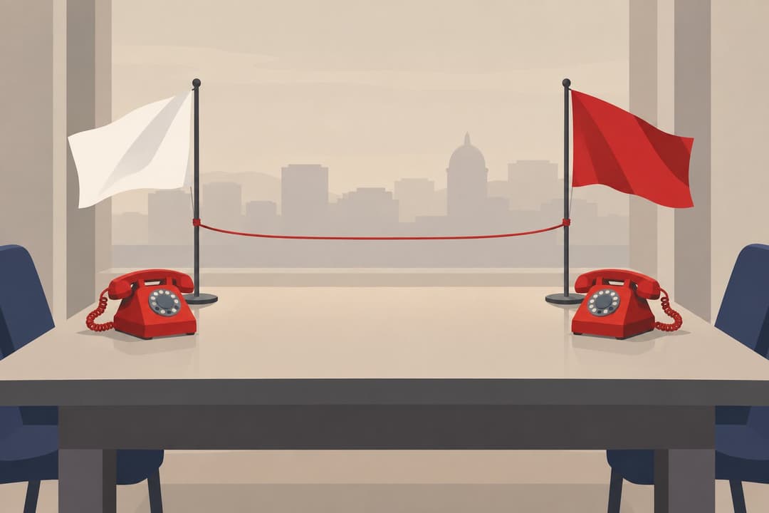 Deux téléphones rouges reliés par un fil entre deux drapeaux vierges.