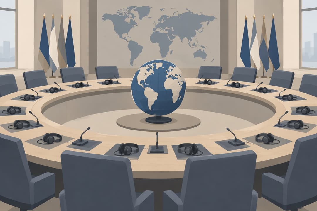 Salle de conférence circulaire vide, écouteurs sur pupitres, globe terrestre au centre.