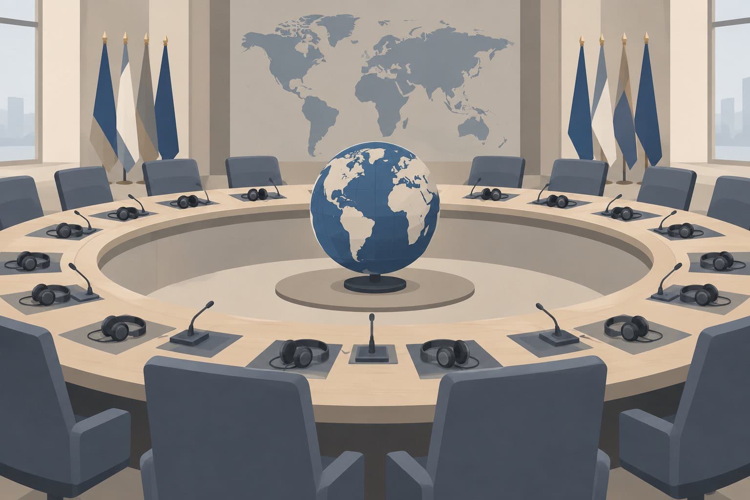 Salle de conférence circulaire vide, écouteurs sur pupitres, globe terrestre au centre.