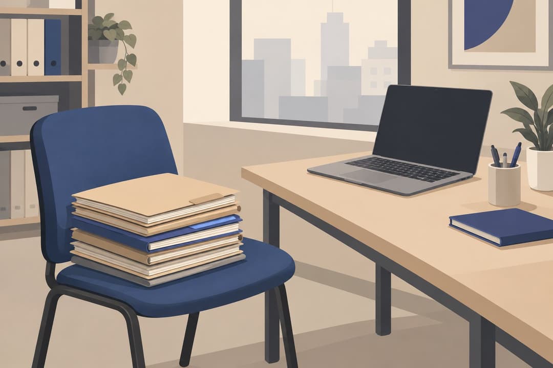 Chaise vide devant un ordinateur, pile de dossiers de candidature fermés sur le bureau.
