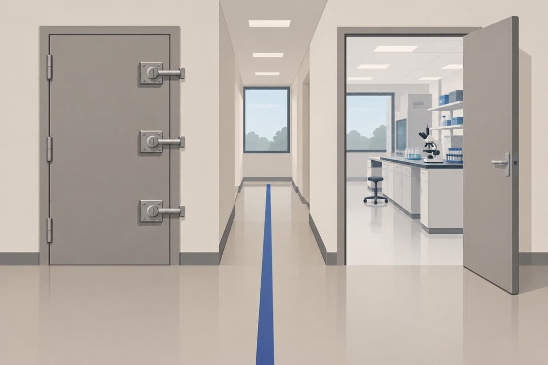 Couloir divisé, une porte verrouillée triple à gauche, une porte grande ouverte à droite.
