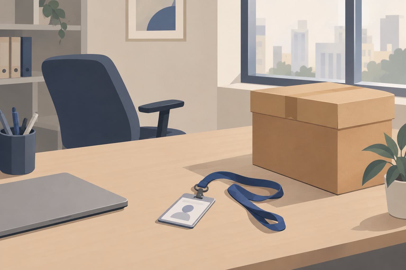 Un badge professionnel sur une table près d'un carton de déménagement, bureau vide.