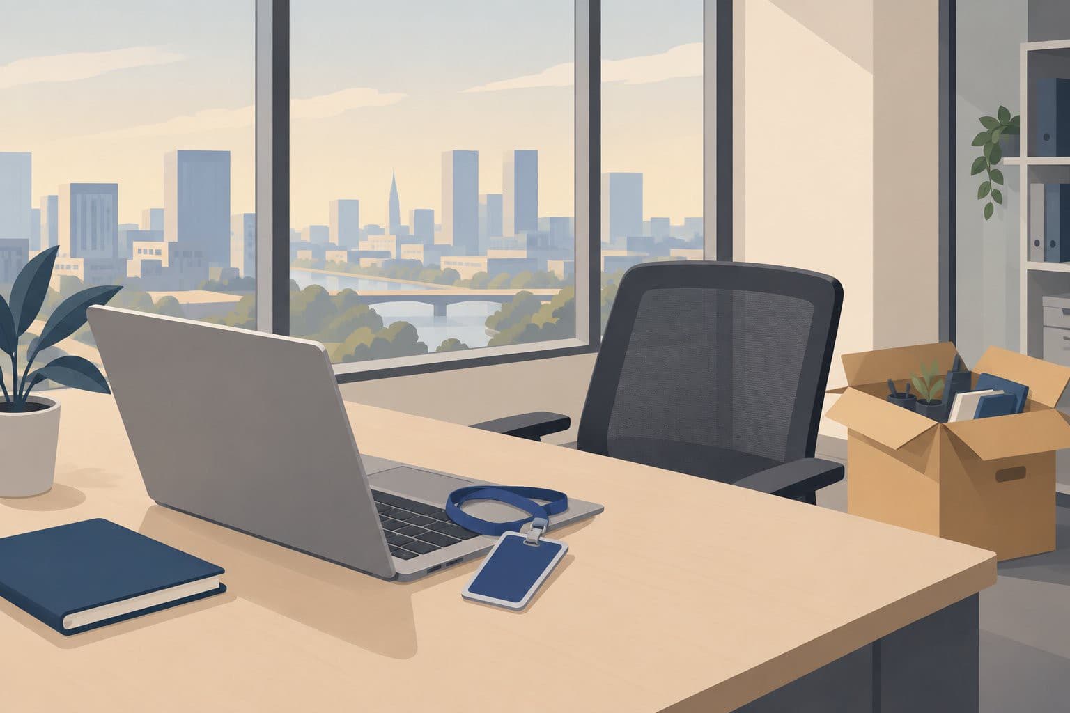 Bureau vide, badge sur clavier, carton entrouvert près de la chaise.
