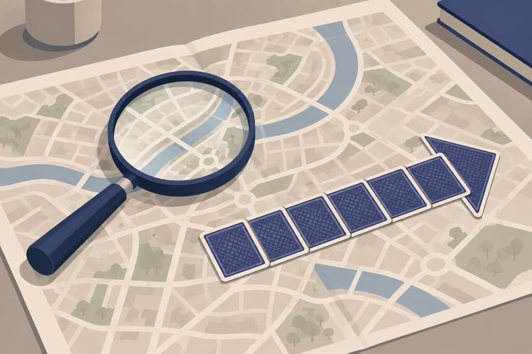 Loupe sur un plan de ville, cartes formant une flèche unique.