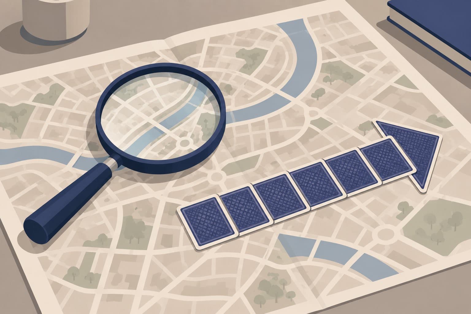 Loupe sur un plan de ville, cartes formant une flèche unique.