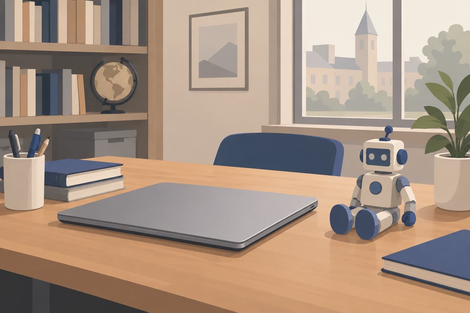 Ordinateur portable fermé et petit jouet robot inoffensif sur un bureau calme.