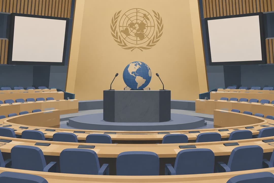 Hémicycle de l'ONU vide, globe terrestre sur un pupitre entre deux microphones.