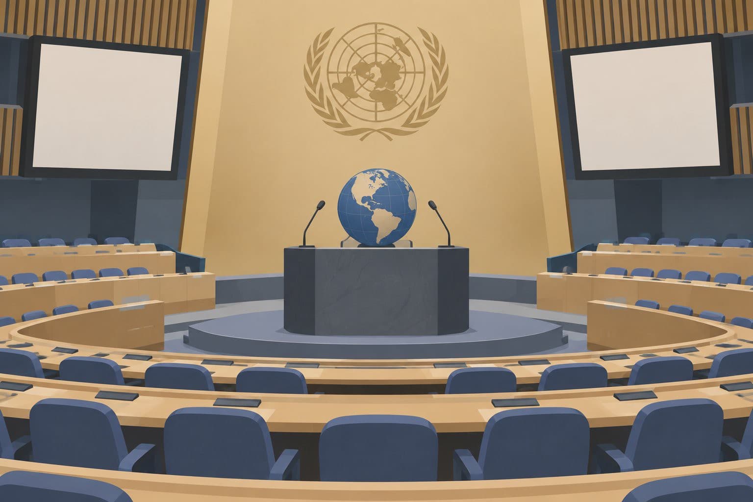 Hémicycle de l'ONU vide, globe terrestre sur un pupitre entre deux microphones.
