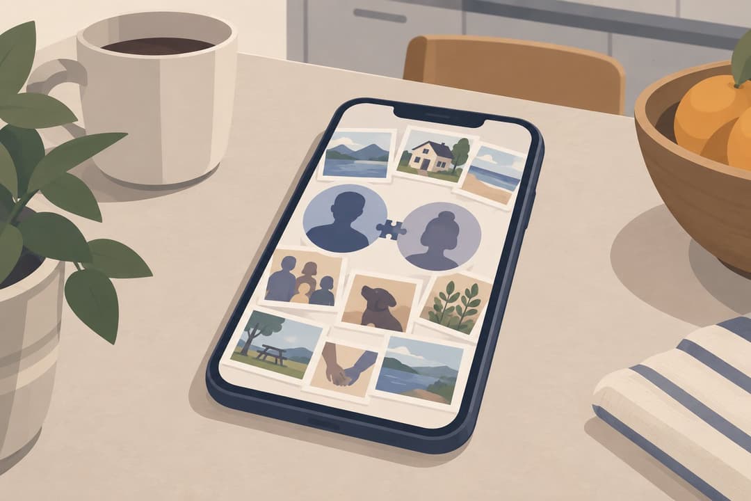 Un smartphone sur une table affiche deux avatars entourés de vignettes photo assemblées en puzzle.