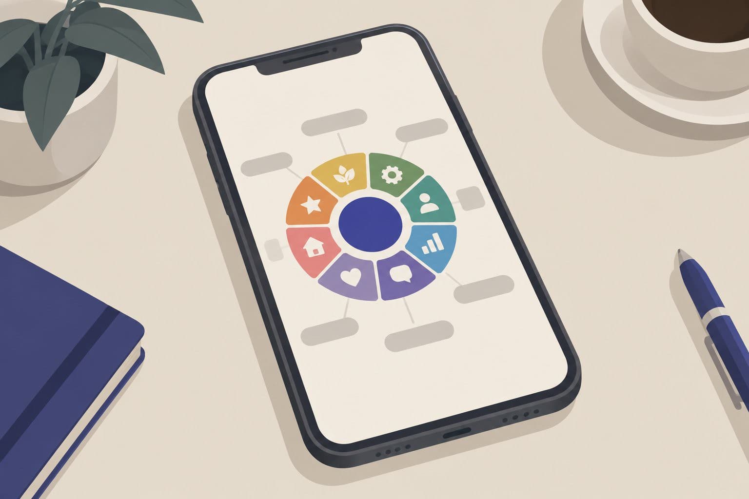 Smartphone avec icônes colorées fusionnant en un cercle unique au centre.