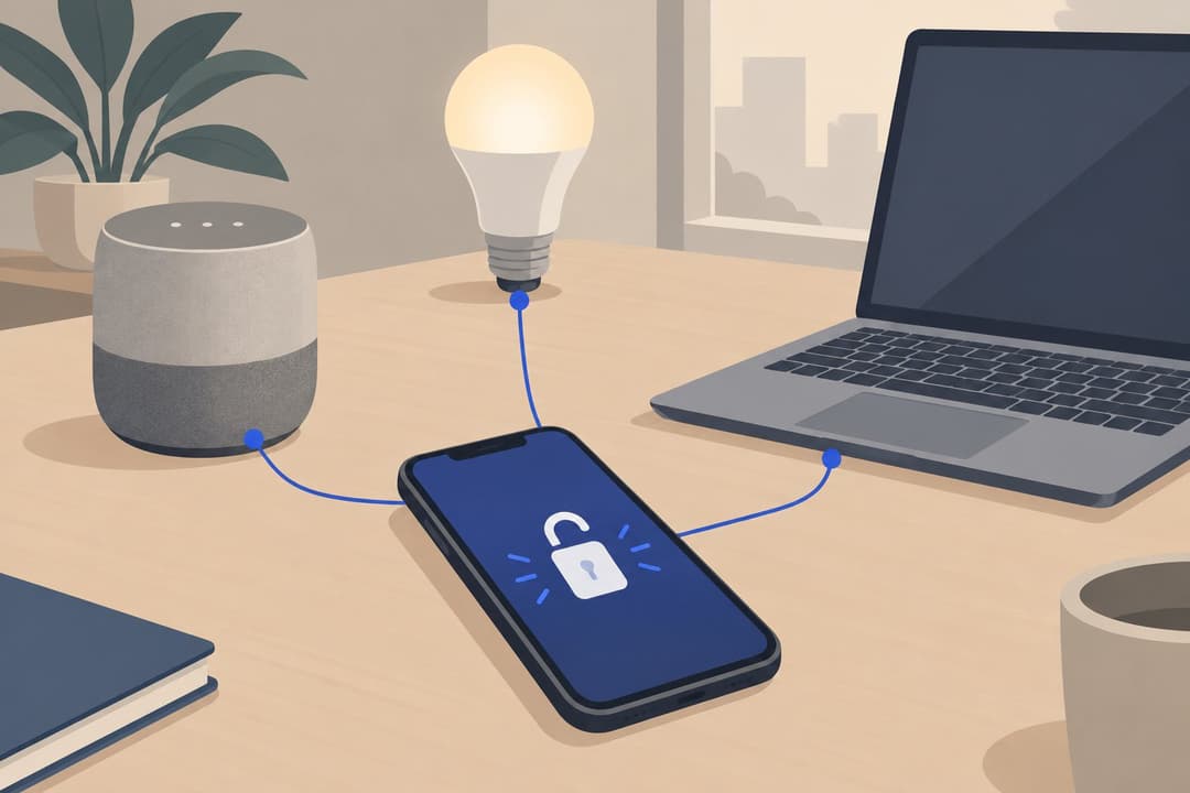 Smartphone avec cadenas ouvert relié par des fils à des objets connectés.