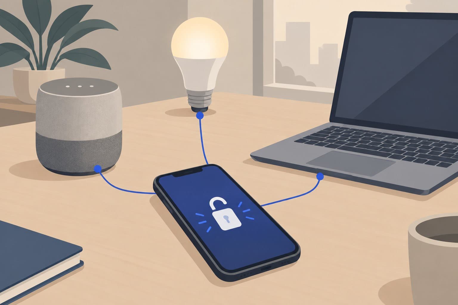 Smartphone avec cadenas ouvert relié par des fils à des objets connectés.