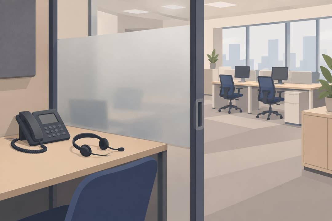 Un casque téléphonique posé sur un combiné dans un bureau cloisonné vide.