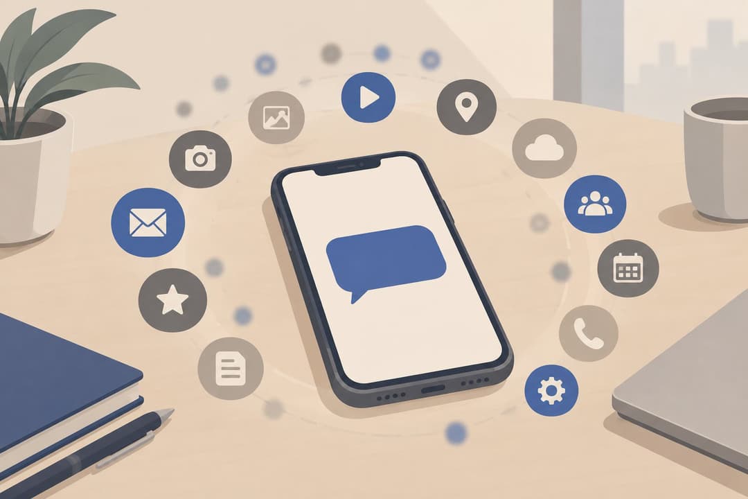 Un téléphone avec une bulle de dialogue vide entouré d'icônes d'applications en cercle.