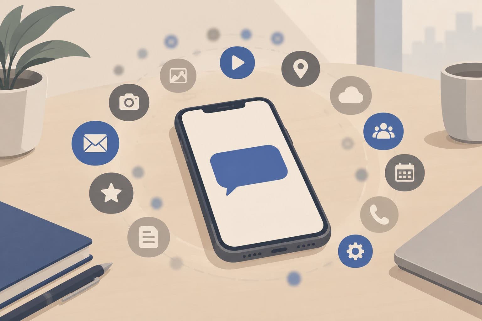 Un téléphone avec une bulle de dialogue vide entouré d'icônes d'applications en cercle.