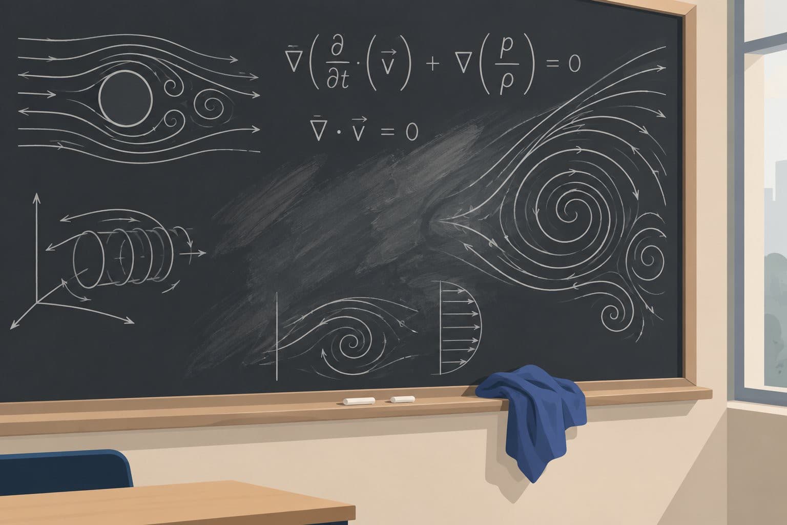 Tableau noir d'équations mathématiques à moitié effacées, chiffon posé sur le rebord.