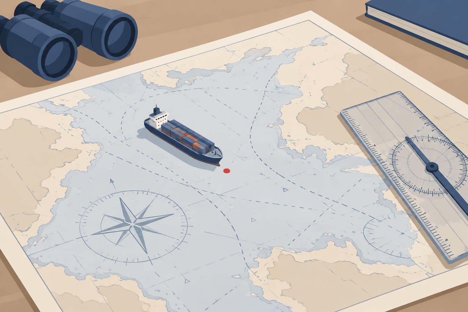 Carte marine avec silhouette de cargo et point rouge marqué.