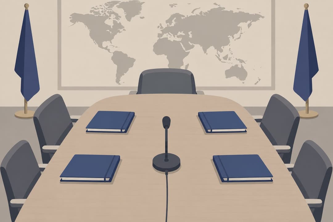 Table de négociation vue du dessus, dossiers fermés et carte du monde muette.