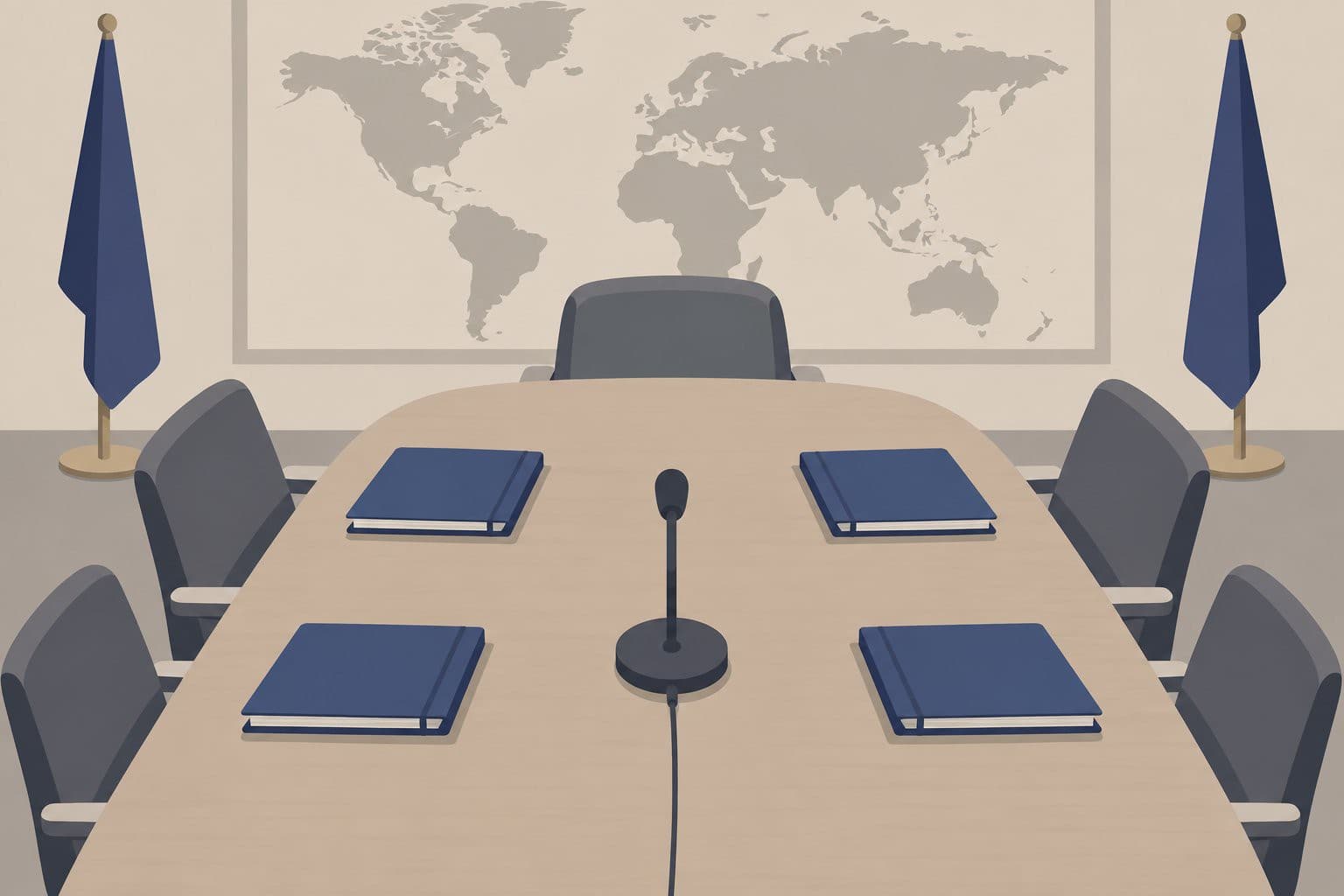 Table de négociation vue du dessus, dossiers fermés et carte du monde muette.