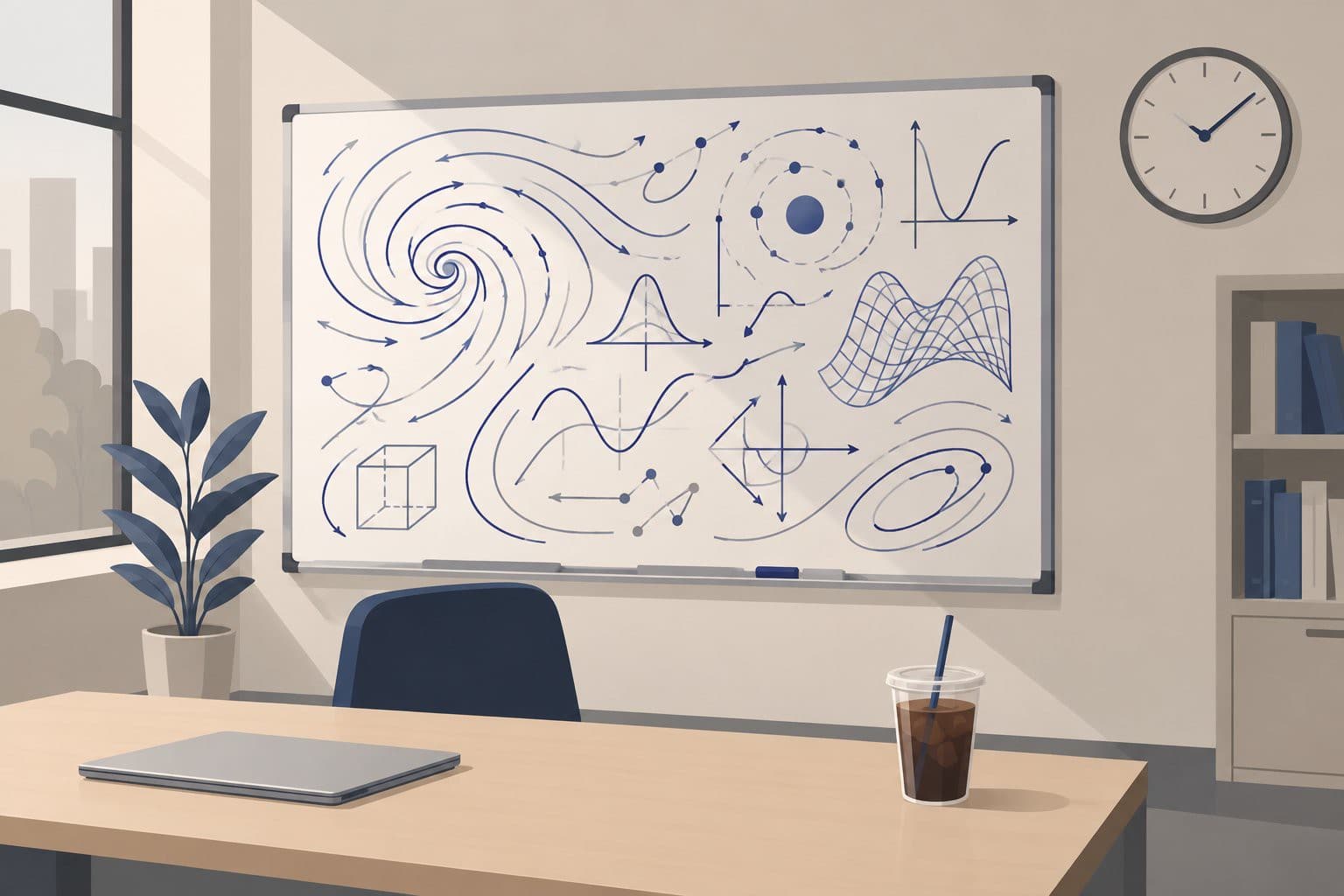 Tableau blanc couvert d'équations et de courbes fluides, tasse de café froide à côté.
