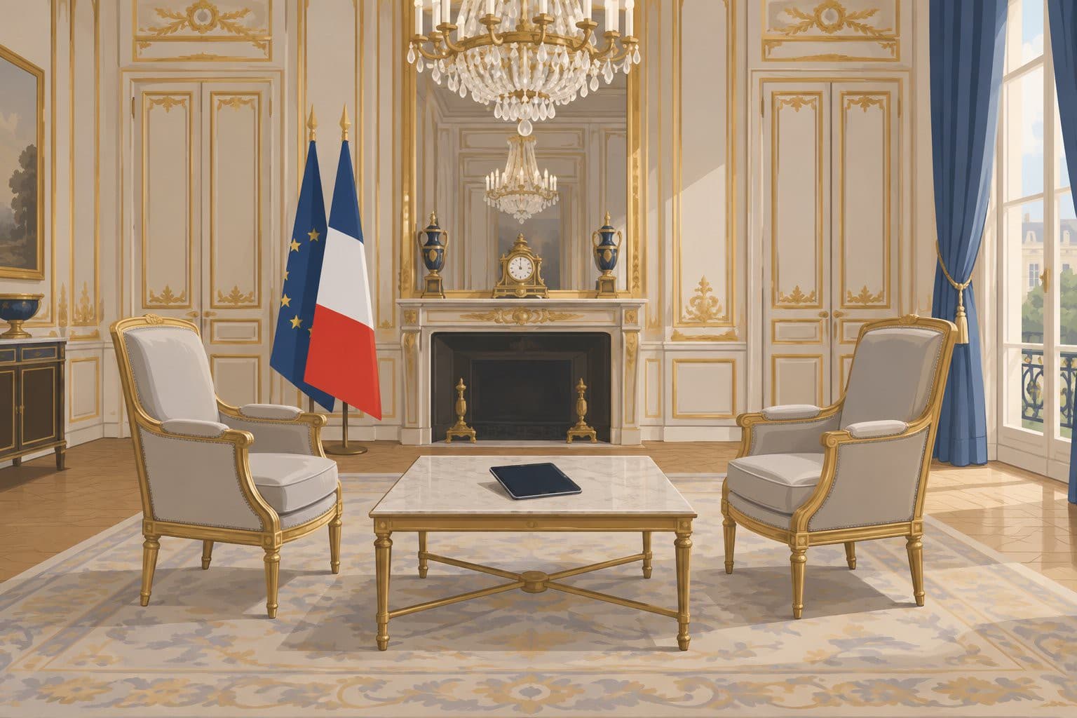 Salon doré avec deux fauteuils vides et une tablette éteinte sur une table.