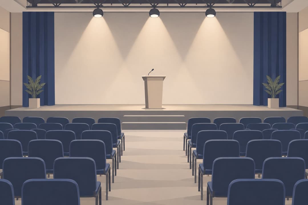 Salle de conférence vide, scène surélevée, pupitre vierge sous des projecteurs.