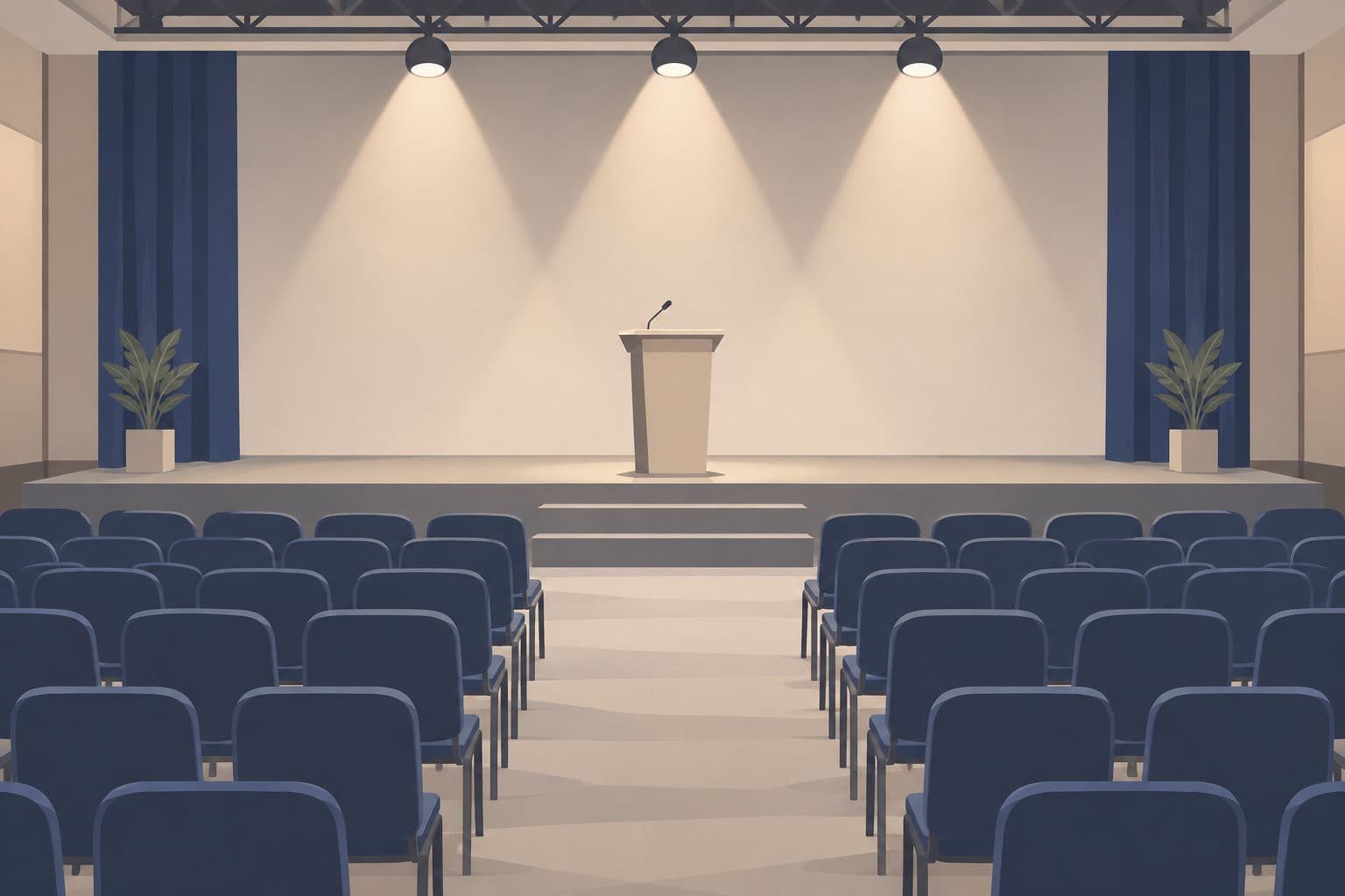 Salle de conférence vide, scène surélevée, pupitre vierge sous des projecteurs.