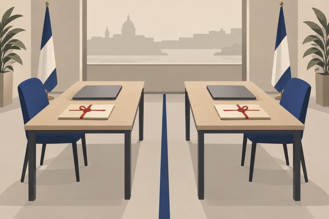 Deux bureaux face à face, ordinateurs fermés et dossiers scellés d'un ruban rouge.