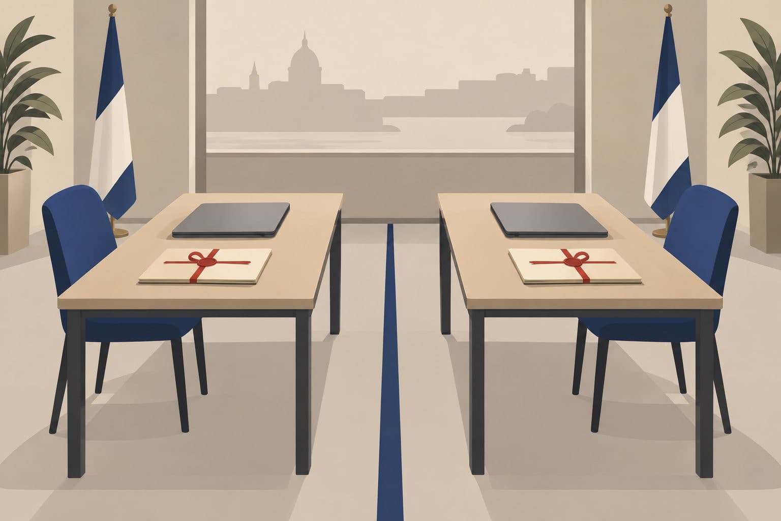 Deux bureaux face à face, ordinateurs fermés et dossiers scellés d'un ruban rouge.