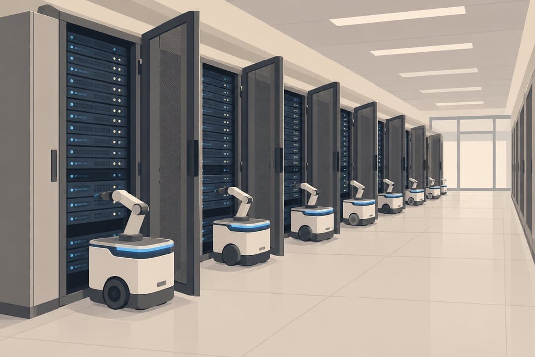 Rangée de serveurs et petits robots identiques alignés dans un couloir.