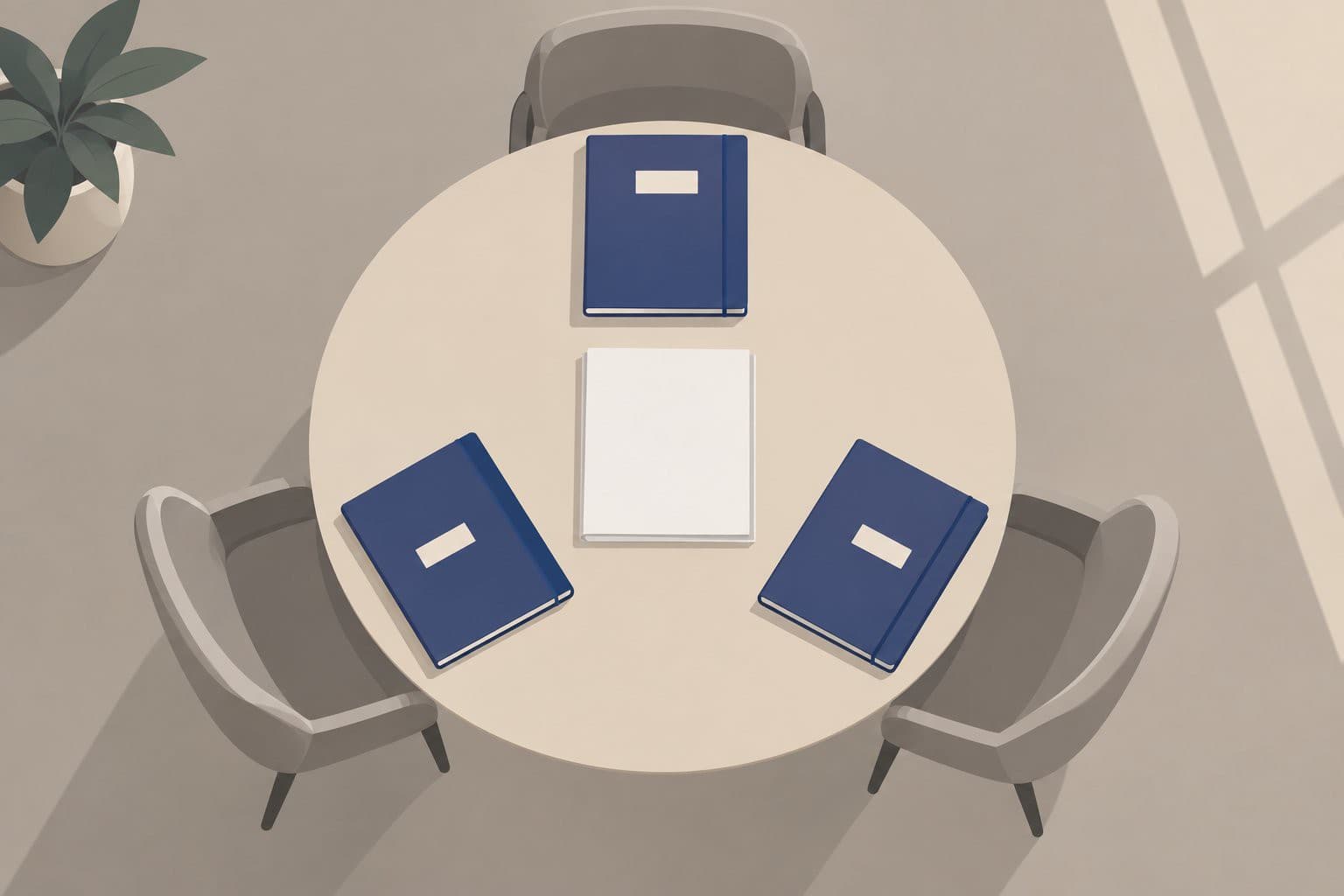 Trois chaises vides autour d'une table ronde avec trois dossiers fermés.