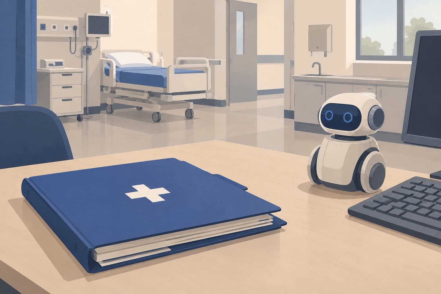 Robot mécanique près d'un dossier médical fermé, dans une salle d'hôpital vide.