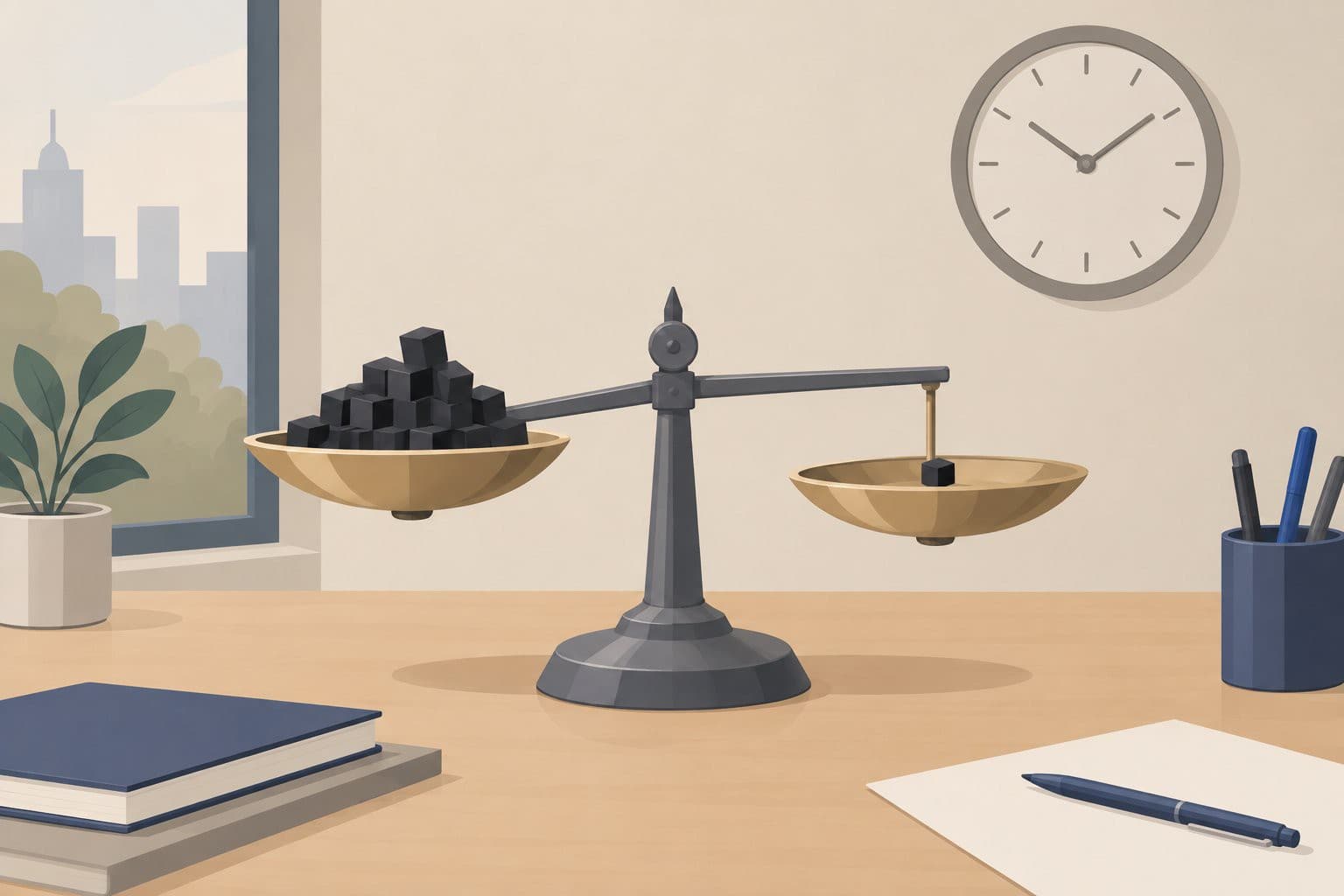Une balance déséquilibrée sur un bureau, cubes noirs d'un côté, sous une horloge murale.