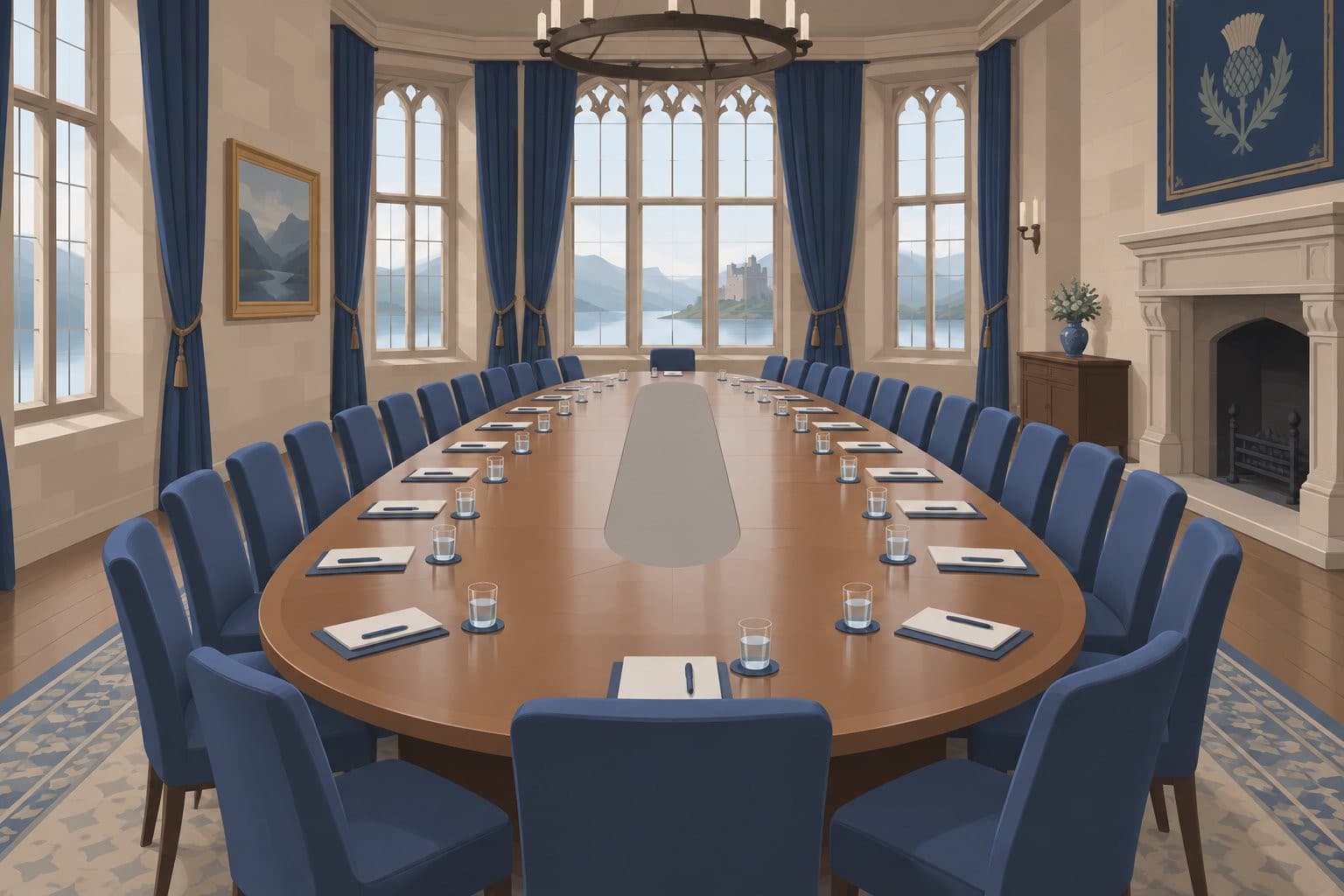 Longue table ovale vide avec chaises et blocs-notes, salle de château.