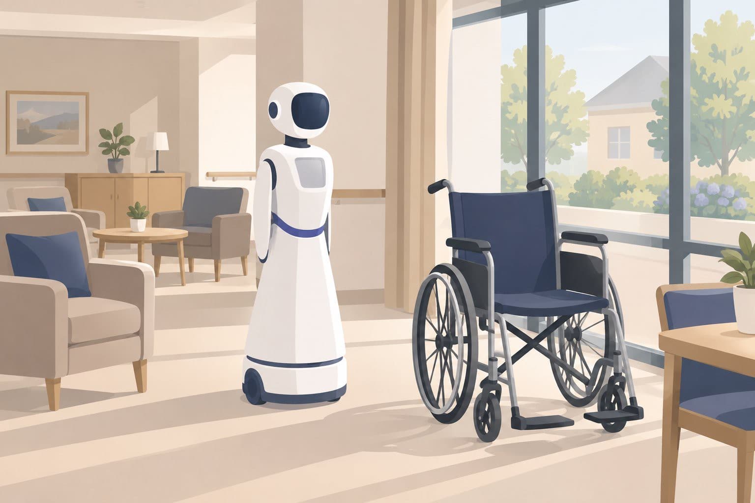 Robot d'assistance blanc près d'un fauteuil vide dans une maison de retraite.