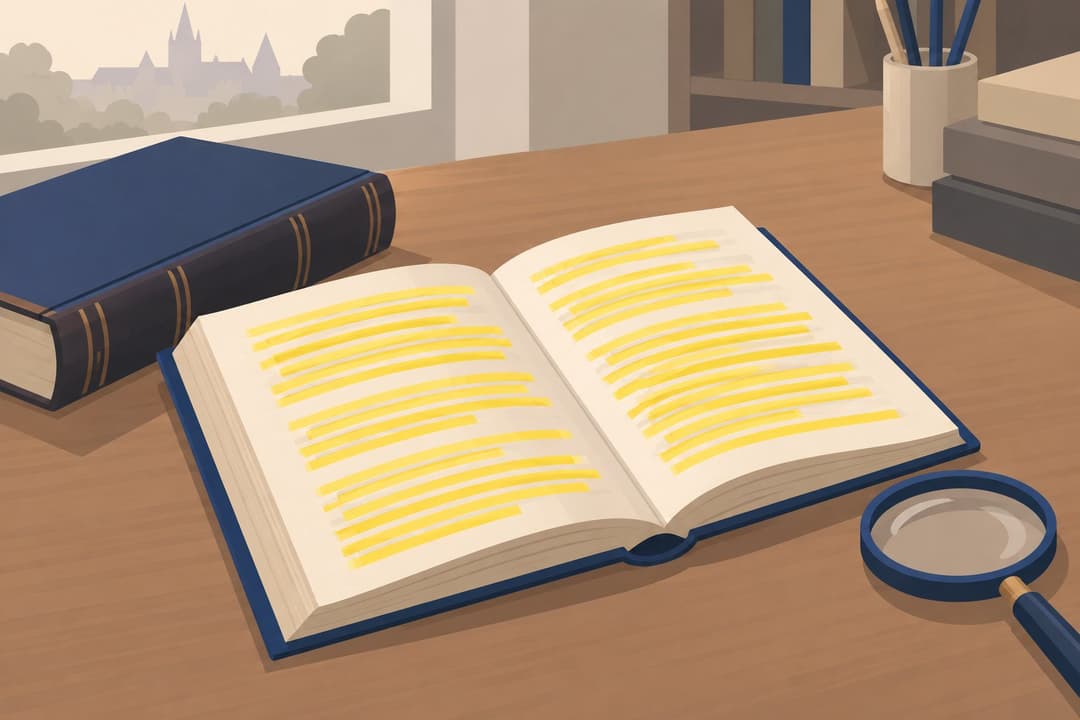 Manuscrit ouvert avec des lignes surlignées en jaune, loupe posée à côté.
