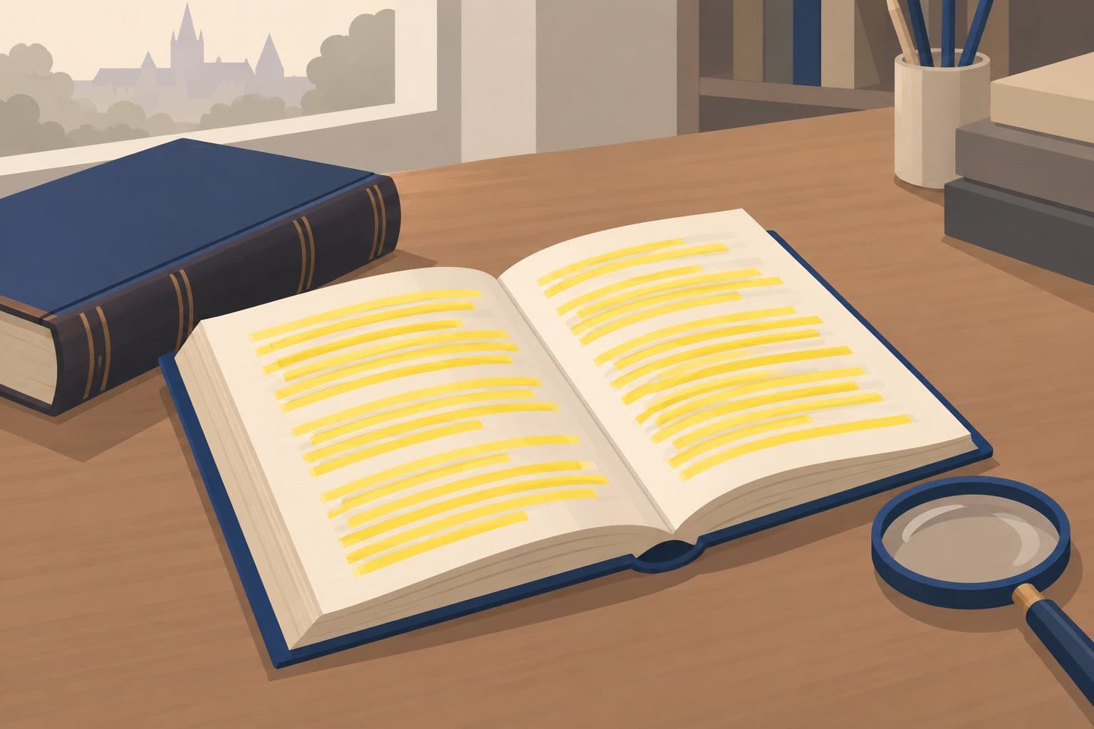 Manuscrit ouvert avec des lignes surlignées en jaune, loupe posée à côté.