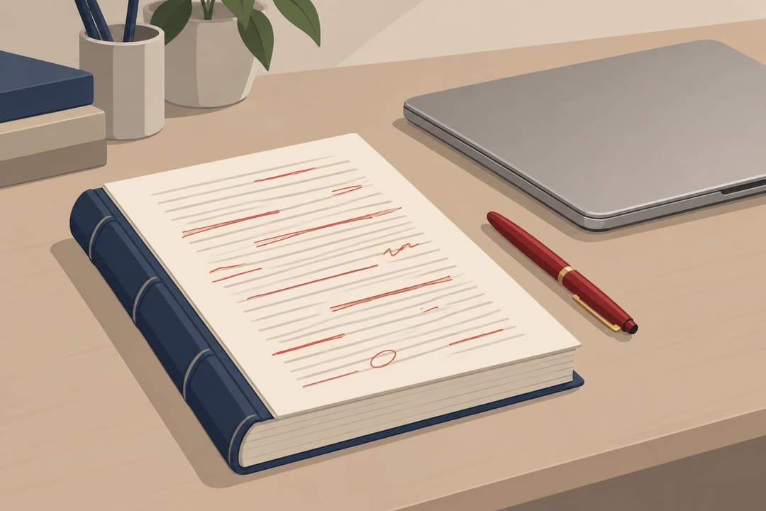 Manuscrit aux pages barrées de rouge, posé près d'un ordinateur portable fermé.