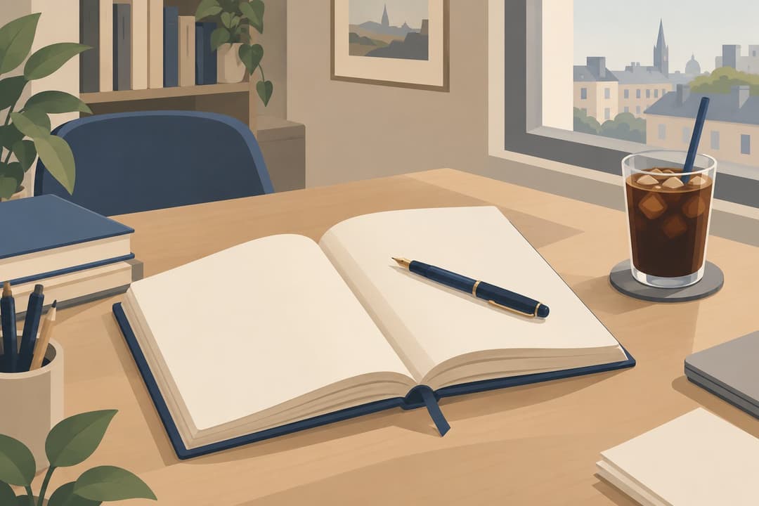 Manuscrit ouvert sur un bureau, stylo posé dessus, tasse de café.