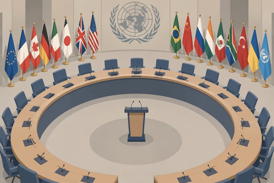 Salle circulaire de l'ONU, table courbe vide, drapeaux en arc, pupitre central inoccupé.