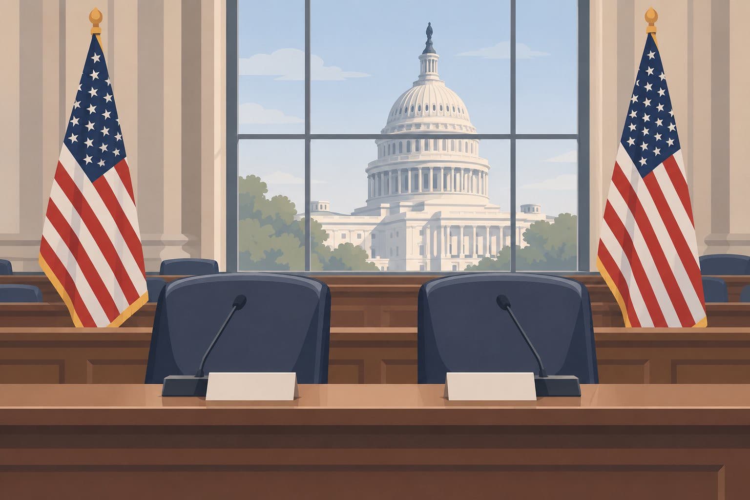 Salle d'audition du Congrès, deux fauteuils vides, drapeaux américains, dôme du Capitole en arrière-plan.