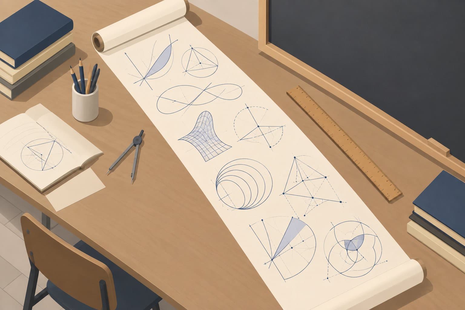 Rouleau de papier couvert de courbes mathématiques, tableau noir vide à côté.