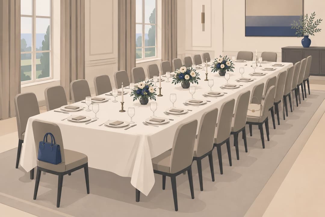 Longue table dressée, trente et une chaises, deux avec un sac à main.