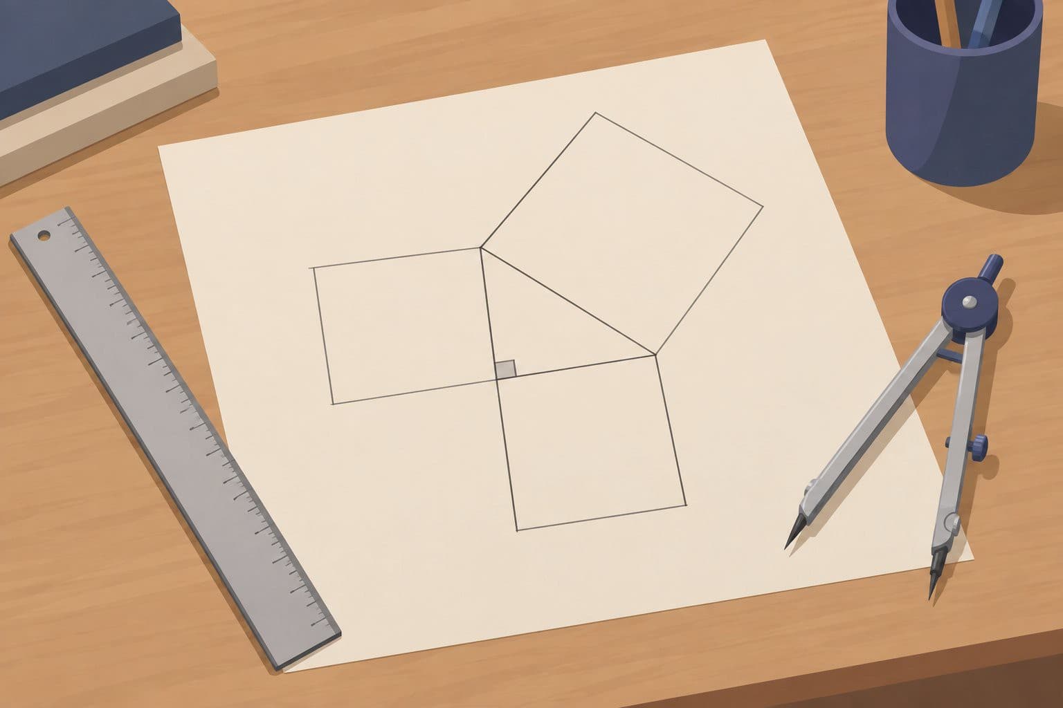 Bureau avec compas, règle et triangle rectangle entouré de trois carrés dessinés.