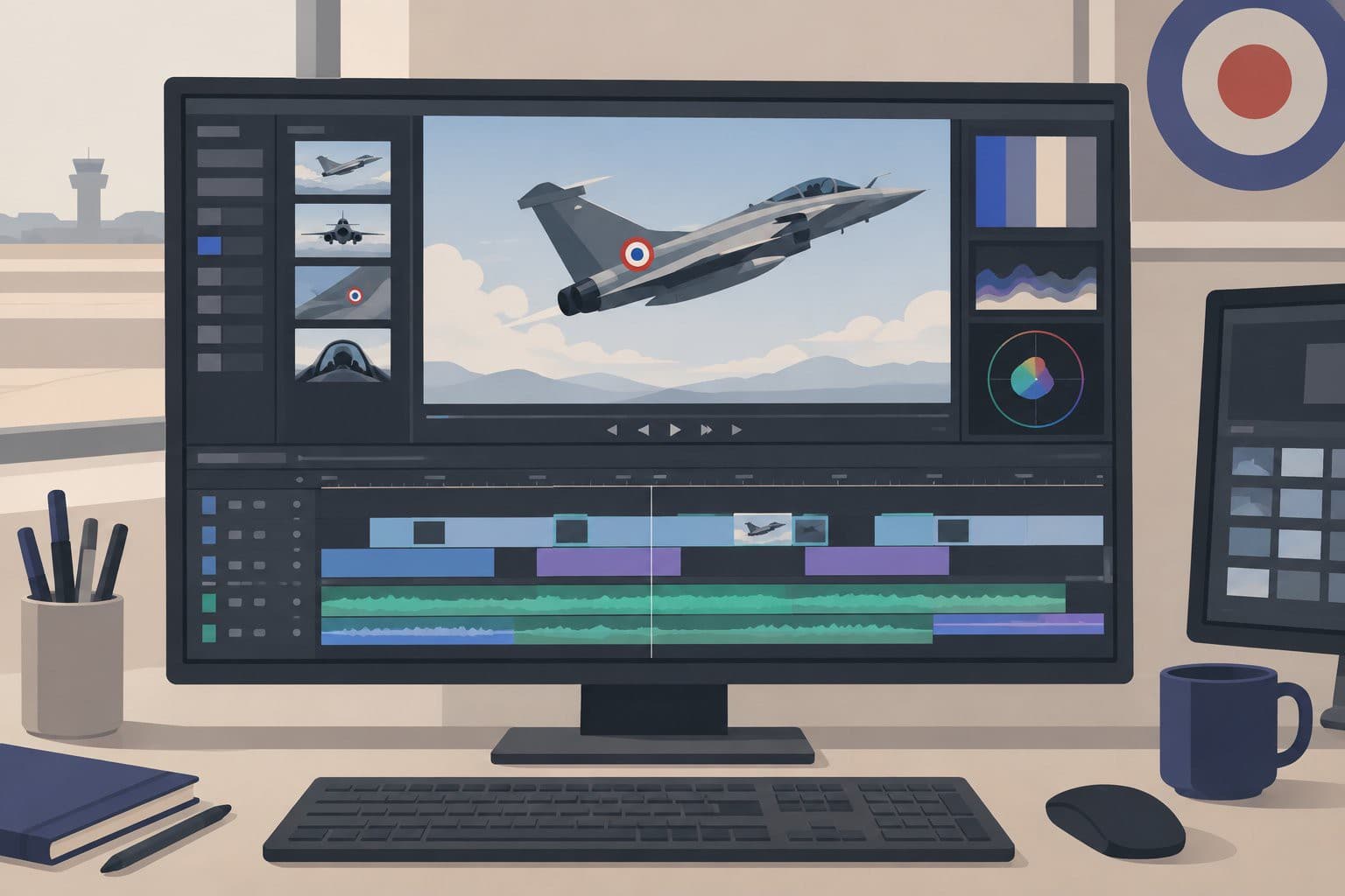 Écran de montage vidéo montrant un avion de chasse à cocarde tricolore.