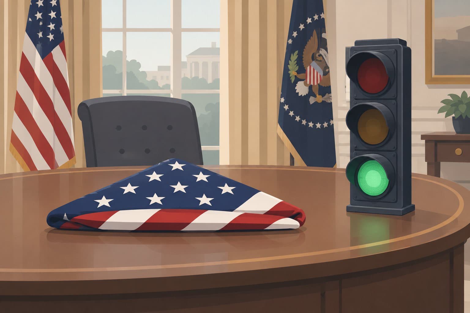 Feu de circulation au vert, drapeau americain plie sur un bureau vide.