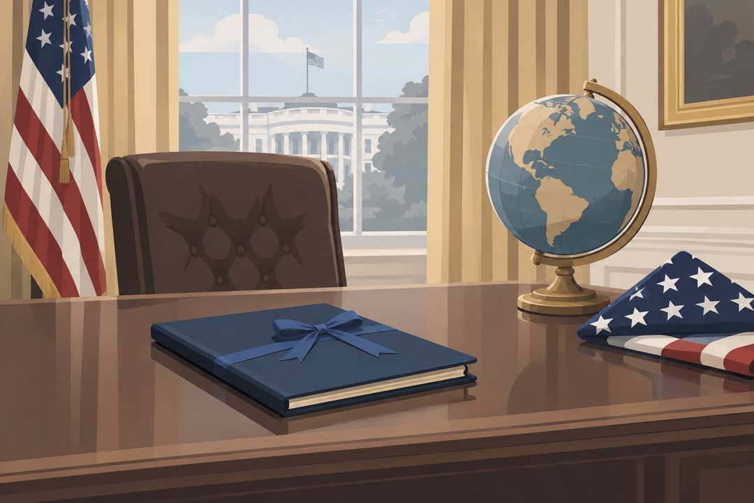 Bureau présidentiel avec dossier à ruban bleu, globe terrestre et drapeau plié.