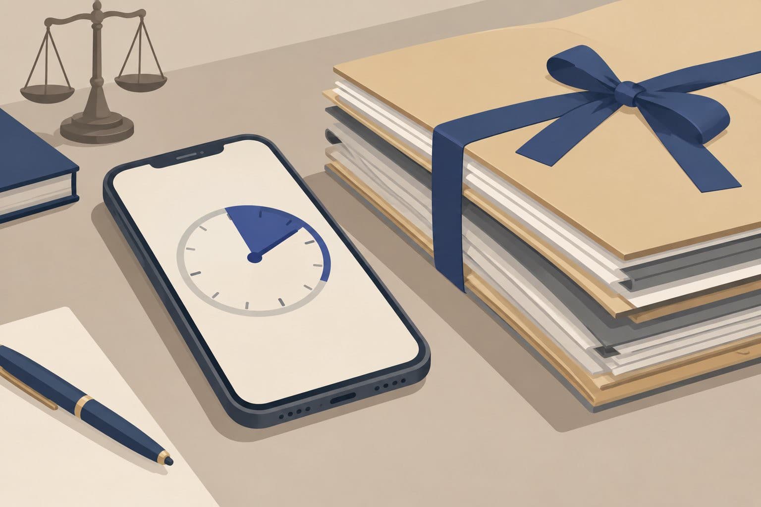 Un smartphone avec une minuterie de deux heures, près de dossiers juridiques liés d'un ruban.