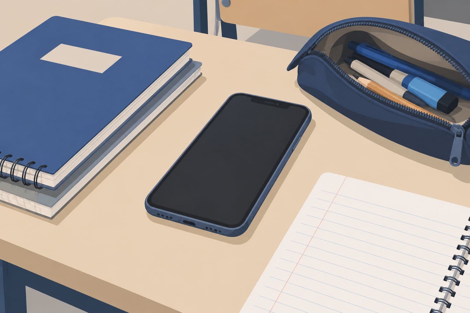 Smartphone éteint sur un bureau d'écolier, entouré de cahiers et fournitures.
