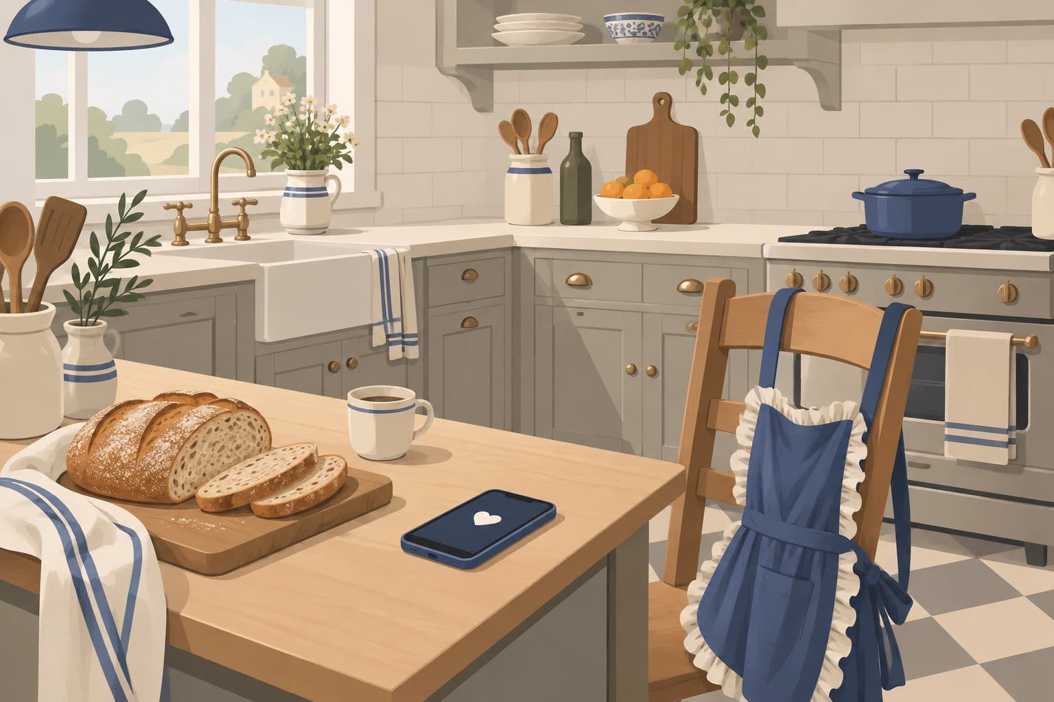 Cuisine vintage avec tablier, pain maison et téléphone affichant une icône de coeur.